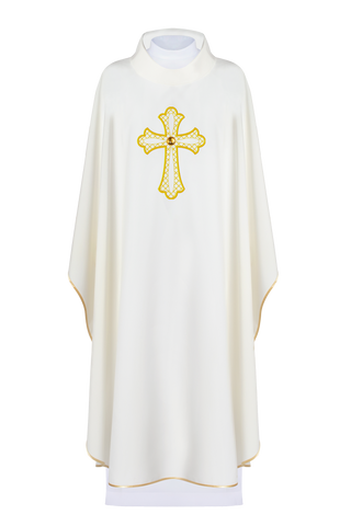 Embroidered chasuble with a cross symbol in ecru color