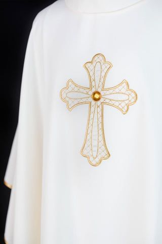 Embroidered chasuble with a cross symbol in ecru color