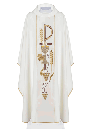 Ecru liturgical chasuble with IHS Chalice embroidery and gold-satin trimming