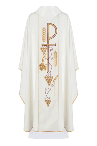 Ecru liturgical chasuble with IHS Chalice embroidery and gold-satin trimming