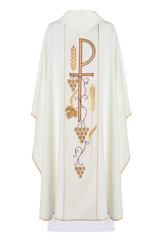 Ecru liturgical chasuble with IHS Chalice embroidery and gold-satin trimming