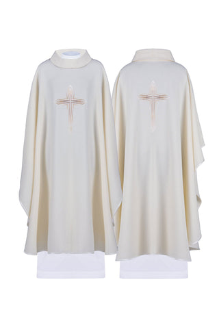 Ecru liturgical chasuble with an embroidered cross and satin trimming