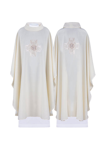 Ecru liturgical chasuble with an embroidered gold cross and satin trimming