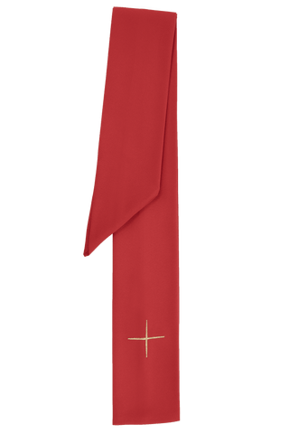 Red liturgical chasuble with embroidery of a chalice, the IHS symbol, and grapes