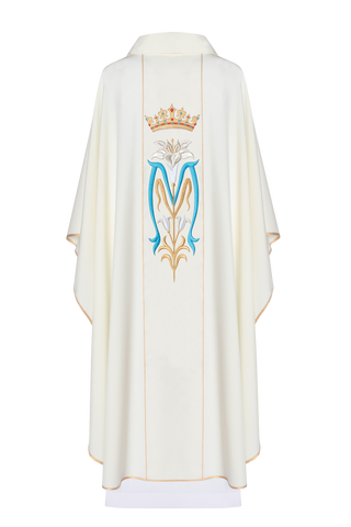 Marian liturgical chasuble embroidered with a crown in ecru color