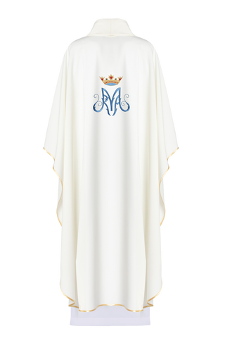 Marian Liturgical Chasuble in Ecru with Embroidered Emblem and Gold Trim