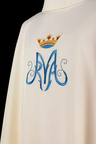 Marian Liturgical Chasuble in Ecru with Embroidered Emblem and Gold Trim