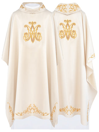 Liturgical chasuble with an embroidered golden Marian emblem