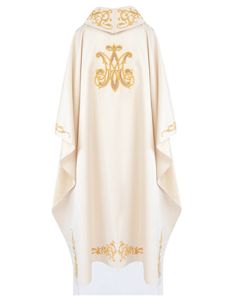 Liturgical chasuble with an embroidered golden Marian emblem