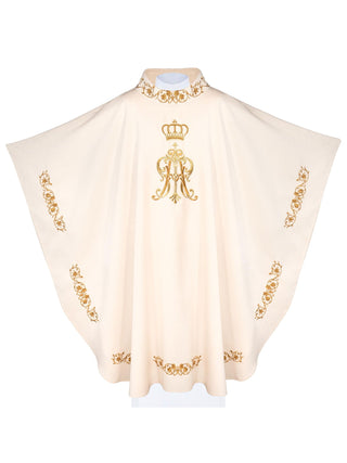 Liturgical chasuble with an embroidered Marian emblem and a golden crown