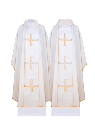 Ecru liturgical chasuble with embroidered gold crosses and satin trimming