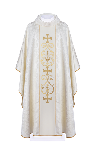 Liturgical chasuble made of jacquard with an embroidered band and gold-satin trimming