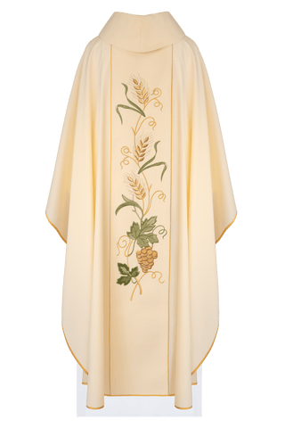 Ecru liturgical chasuble with IHS embroidery, ears of wheat, and grapes