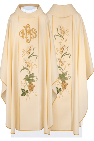 Ecru liturgical chasuble with IHS embroidery, ears of wheat, and grapes