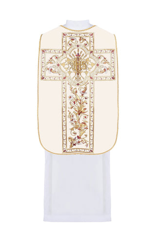 Roman chasuble embroidered with the IHS motif and gold-satin trimming