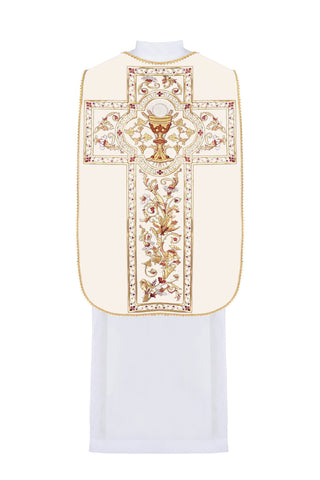 Roman chasuble embroidered with a motif of the Eucharistic chalice and gold-satin trimming