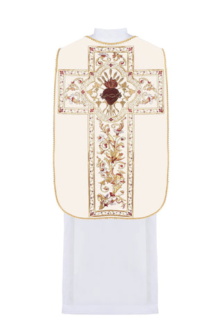 Roman chasuble embroidered with the Heart of Jesus Christ and gold-satin trimming