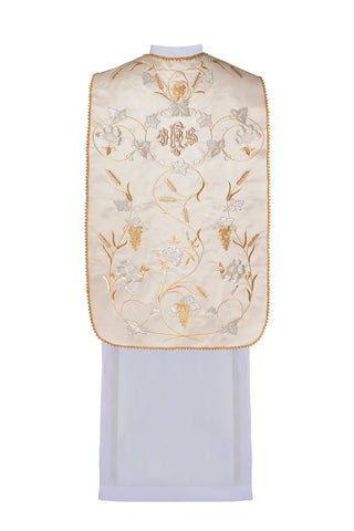 Roman chasuble IHS with ears of wheat and grapes, gold-satin trim, available in all liturgical colors