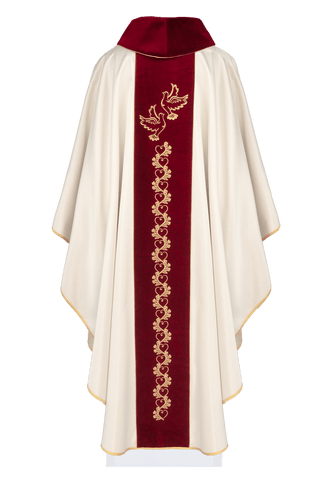 Ecru Wedding Chasuble with Red Velvet Band and Embroidered Motifs