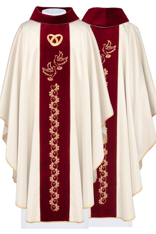 Ecru Wedding Chasuble with Red Velvet Band and Embroidered Motifs