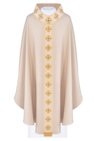 Ecru liturgical chasuble with an embroidered band and collar featuring crosses