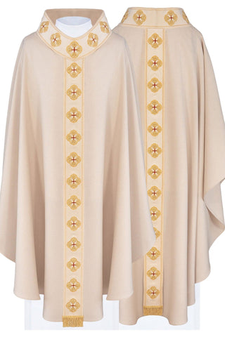 Ecru liturgical chasuble with an embroidered band and collar featuring crosses