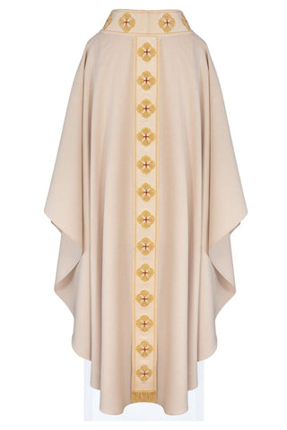 Ecru liturgical chasuble with an embroidered band and collar featuring crosses