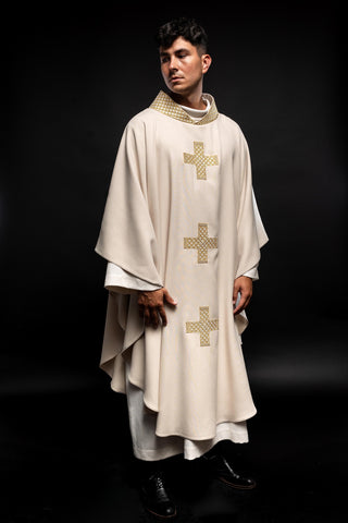 Ecru liturgical chasuble with embroidered gold crosses and collar