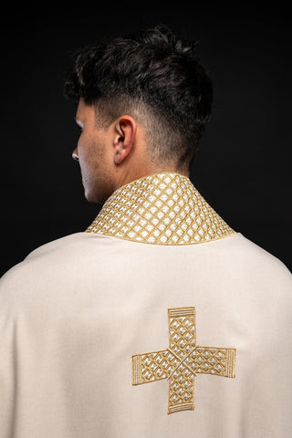 Ecru liturgical chasuble with embroidered gold crosses and collar