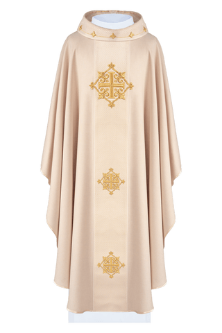 Liturgical chasuble with a velvet ecru band and cross embroidery