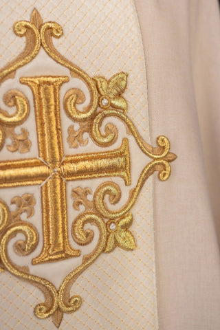 Liturgical chasuble with a velvet ecru band and cross embroidery