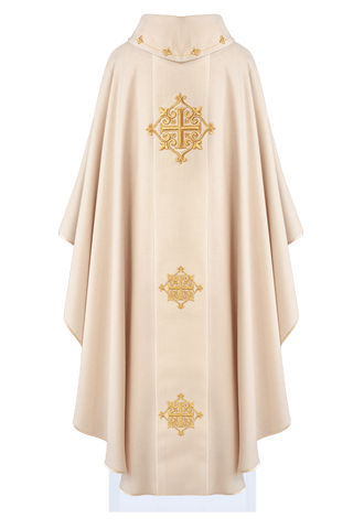 Liturgical chasuble with a velvet ecru band and cross embroidery