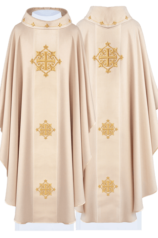 Liturgical chasuble with a velvet ecru band and cross embroidery