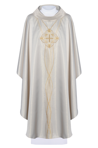 Ecru chasuble made of shiny fabric with a rosary motif, limited edition