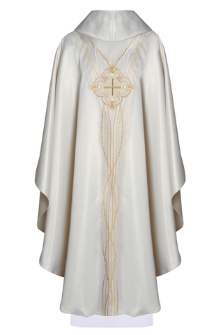 Ecru chasuble made of shiny fabric with a rosary motif, limited edition