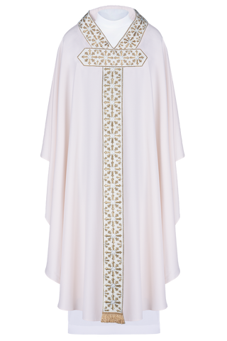 Ecru liturgical chasuble with shiny gold embroidery and satin trimming