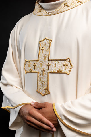 Ecru liturgical chasuble with richly embroidered cross and collar