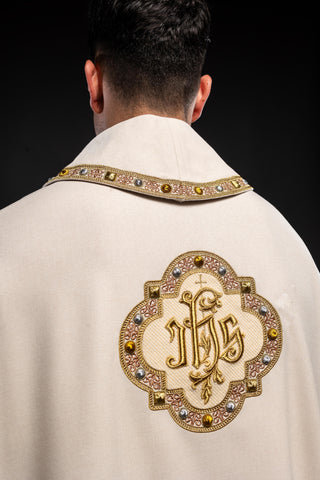 Ecru liturgical chasuble with IHS embroidery and trim