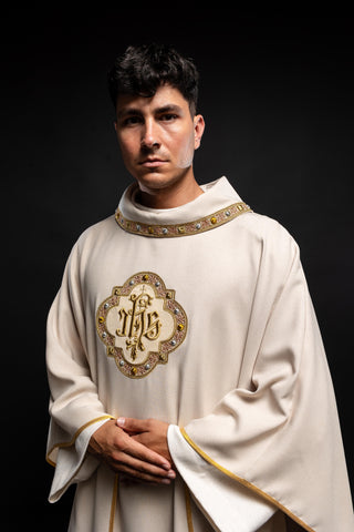 Ecru liturgical chasuble with IHS embroidery and trim