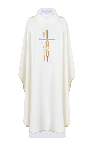 Ecru liturgical chasuble with Alpha Omega embroidery and gold trim