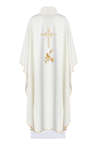 Ecru liturgical chasuble with IHS embroidery and gold trim