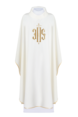 Ecru liturgical chasuble with IHS embroidery and gold trim