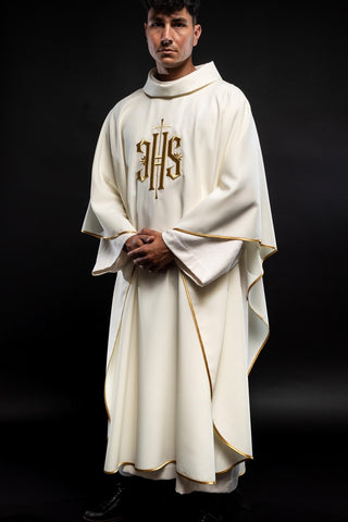 Ecru liturgical chasuble with IHS embroidery and gold trim