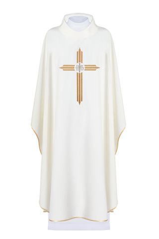 Ecru liturgical chasuble with Cross and IHS embroidery, gold trim