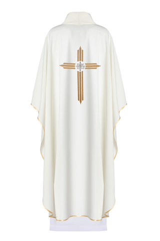 Ecru liturgical chasuble with Cross and IHS embroidery, gold trim