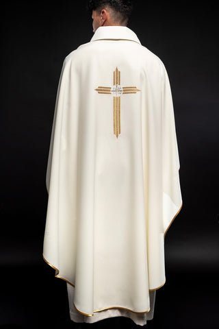 Ecru liturgical chasuble with Cross and IHS embroidery, gold trim