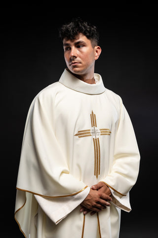 Ecru liturgical chasuble with Cross and IHS embroidery, gold trim