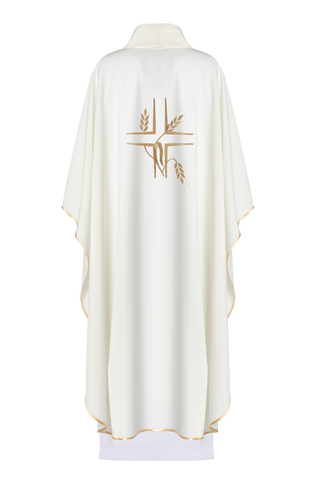 Ecru liturgical chasuble with Cross embroidery and gold-satin trimming