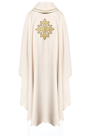 Ecru liturgical chasuble with an embroidered cross and gold trim