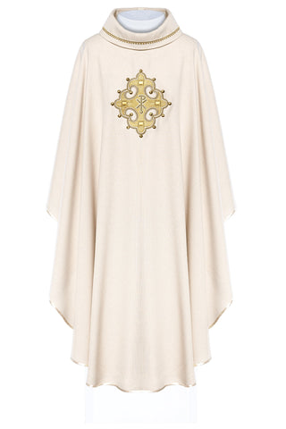 Ecru liturgical chasuble with an embroidered cross and gold trim